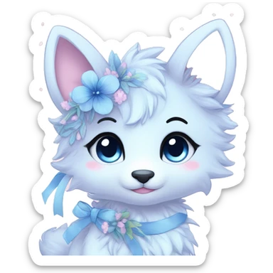 Anthro Cute Cool Blushing Pastel Innocent Shy Kawaii gorgeous sparkly ethereal fantasy anime animal creature with blue eyes furry sona with flowers and ribbons beautiful aesthetic sticker