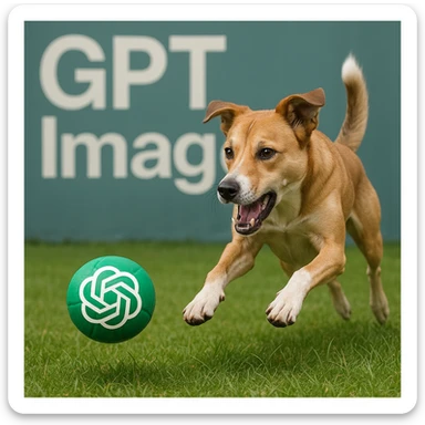  logo of chat gpt with text "GPT Image" on the background of a dog chasing ball, realistic image sticker