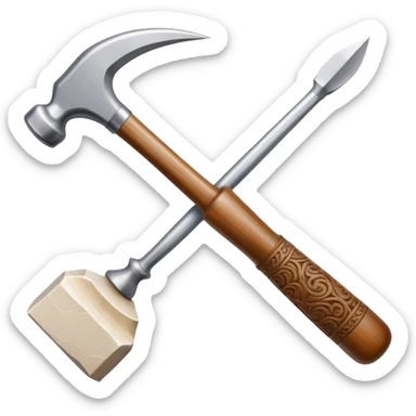 Carving icon, stone, bone, and horn with detailed patterns, carving tools like chisel, awl and hammer, minimalistic style, clean lines, transparent background. sticker