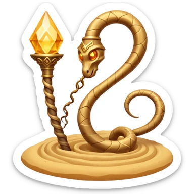 desert sand mage staff object icon, ancient staff with serpent coils around it, glowing golden sand gem on top, swirling sand aura, fantasy desert weapon, 3D cartoon, mobile game icon style, centered, clean background, no text, no watermark
 sticker