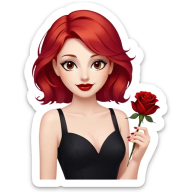 a beautiful woman with red hair and red eyes. The woman wear a black little cutted dress. She have red lipstick and she have a seductive look and smile. She have a rose flower in her hair sticker