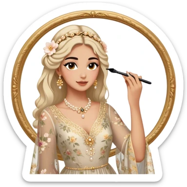  Middle Eastern-inspired moment of a woman getting ready in front of a mirror. She wears a delicate floral dress with sheer, flowy sleeves, accessorized with gold jewelry and traditional pearl-adorned hair clips. Her  as she applies mascara and eyeliner , her reflection revealing a soft smile.  sticker