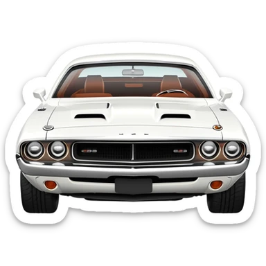 Classic white 1971 Dodge Challenger, perfect 30-degree angle view, highly detailed front grille and headlights, clean all-white exterior, authentic muscle car lines, iOS emoji style sticker