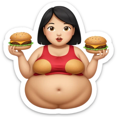 create a humongous asian girl with black hair, with 2 burgers and a cookie in her mouth, she is super obese, please make her a full body emoji, mega huge tummy   sticker
