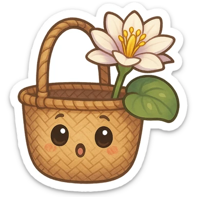 mascota para proyecto productivo, bolso artesanal con lirio de agua brotando de su interior, expresión curiosa y divertida, detalles de tejido y pétalos sticker