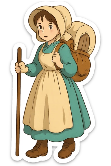 A young pioneer woman from the 1840s about to head off on the Oregon trail sticker