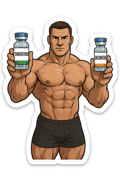 bodybuilder tiene una fiala medica con la scritta "TAMOXIF€NE" NELLA MANO DESTRA E UNA FIALA CON LA SCRITTA €NCL*MIFENE" NELLA MANO SINISTRA sticker
