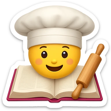 Create an emoji style image of a chef hat on top of a cookbook with a rolling pin. The style should resemble apple style emojis with clear, concise details and vibrant colors. sticker