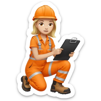 woman in orange hi vis overalls and boots holding a clipboard, crouching sticker