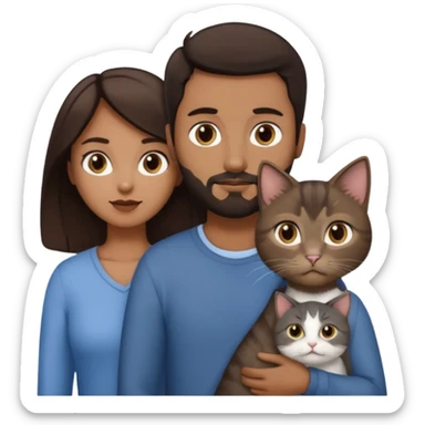 Make a couple and a cat emoji. The first person is a man with dark brown hair and a beard that’s not to long. The other person is a woman with even darker brown hair and is a little brown skinned but not much. The cat is 15weeks so little and grey and white with a little brown on her face and chest sticker