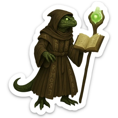 Add a floating magic book to the lizard man wizard, keeping the fantasy magical style. The image should have no background. sticker
