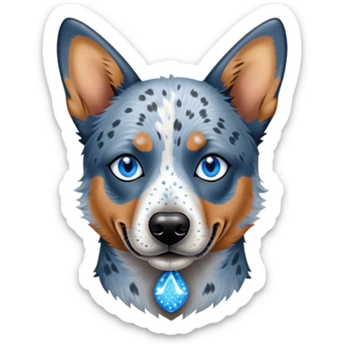 Cinematic Noble Blue Speckle Australian Cattle Dog Portrait Emoji, Poised and regal, with a robust, athletic build and a striking blue speckle Fur, piercing blue eyes, Simplified yet sharp and sophisticated features, highly detailed, glowing with a cool, dignified glow, high shine, intelligent and hardworking, stylized with an air of precision, focused and attentive, soft glowing outline, capturing the essence of a watchful and determined herder, so majestic it feels as though it could leap out of the screen with effortless authority! sticker