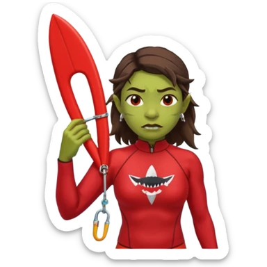orc female in rescue tube, scanning horizon. Rash guard, shark tooth necklace sticker