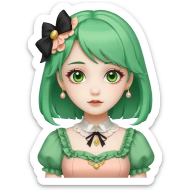 sweet lolita with green hair, gold eyes, white skin, wearing a peach dress sticker
