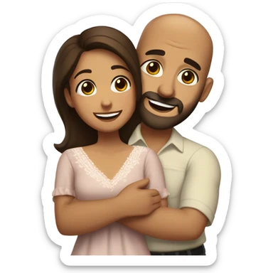 Brown-haired Puerto Rican woman with dark brown eyes wearing a cute blouse giving a comforting hug to a short, bald man with brown eyes, laugh lines, and a beard sticker