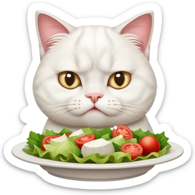 grumpy white cat sitting at a table, looking confused with its ears slightly back. In front of the cat is a plate with a salad with mouth a little open, and Disagree in the cat's face sticker