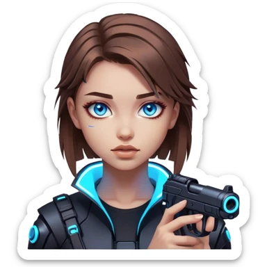 Neon cyberpunk style 
girl with brown hair and blue eyes 
shoots sticker