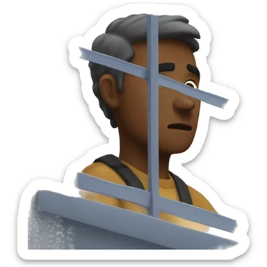 man looking out window pondering sticker