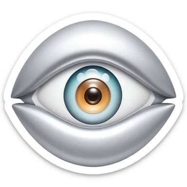white capital letter O inside almond-shaped gradient eye, silver curved accents on both sides, symbolizing vision and clarity sticker