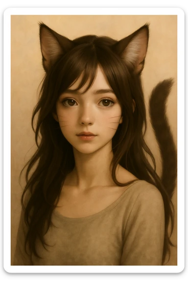 Add more cat-like features including prominent cat ears, whiskers, feline nose, and a fluffy tail, in a realistic anime style. sticker