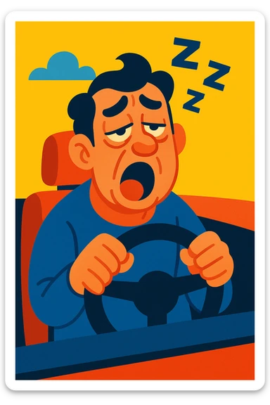 a man feeling drowsy while driving, cartoonish style sticker