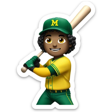 White boy with black curly hair swinging baseball bat with green and yellow uniform with an M in his hat sticker