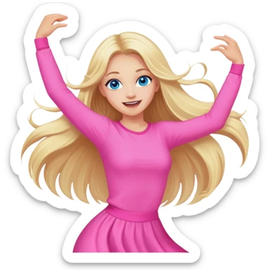 Pretty Blonde with long hair model, blue eyes In pink clothes super excited and happy dance sticker