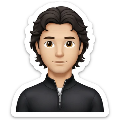 Caucasian man with black wavy hair wearing a long sleeve black spandex shirt with collar and zip to the chest sticker