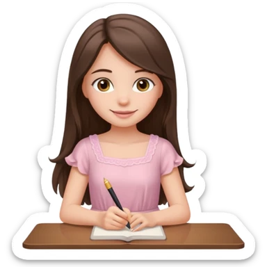 pretty smiling long brunette hair girl with hazel eyes wearing light pink dress writing sticker