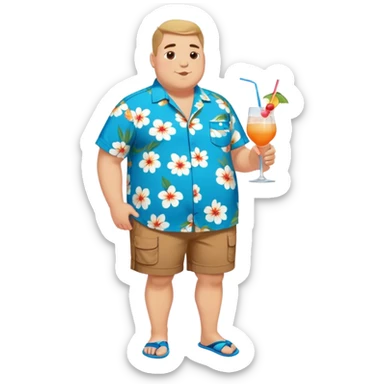 chubby guy full figure in a flowered azure havai shirt, brown shorts and flippers holding a cocktail sticker