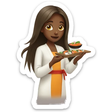 An ethiopian girl with long hair eating sushi sticker