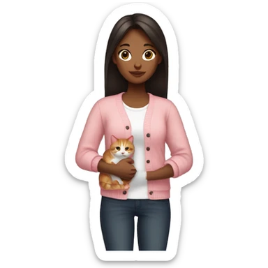 make a emoji of a girl with straight black/dark brown hair and brown eyes , like those ios emojis, and make her wear a pink cardigan with a white crop top , she has to be holding her ginger cat calm sticker