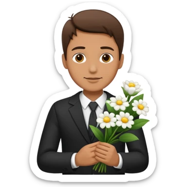 man holding white flowers in their hands sticker
