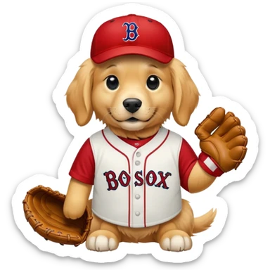 Yellow golden retriever in a Red Sox uniform with a baseball glove sticker