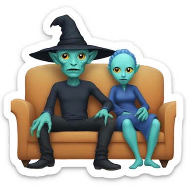 alien reptilian woman  as witch, humman man in blue, sitting on a couch  sticker