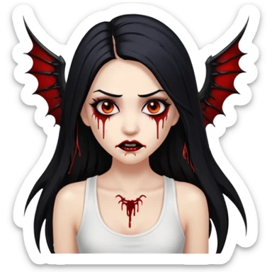 White woman with a white tank top long black hair glossy middle part long hair vamp look with fangs or blood dripping brown eyes eyeliner winged with lashes top and bottom sticker