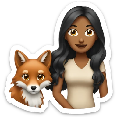 a tan woman with long wavy black hair holding a fox sticker