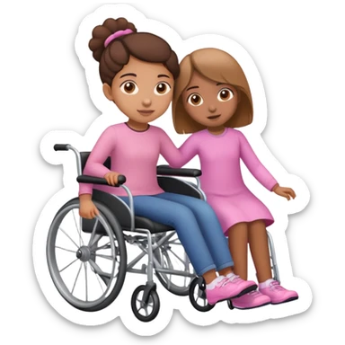 One light brown sister pushing her brown sister in a pink wheelchair sticker