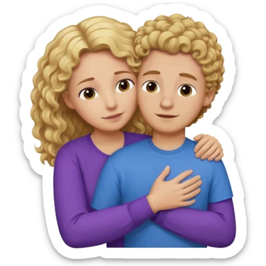 a mother with blond curly long wearing purple hugging his son with brown hair wearing blue and like saying its okay sticker