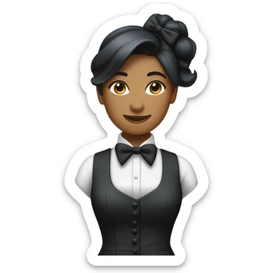 a female butler with a professional and elegant demeanor. She has her hair neatly tied in a ponytail and wears a classic butler uniform, including a tailored vest, crisp white shirt, and bow tie. sticker