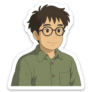 asian nerdy man with glasses, ghibli style sticker