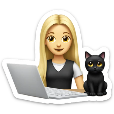 A long haired blonde girl designing with a computer, with a black cat  sticker