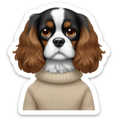 Black, white, and brown King Charles Cavalier with a beige winter sweater sticker