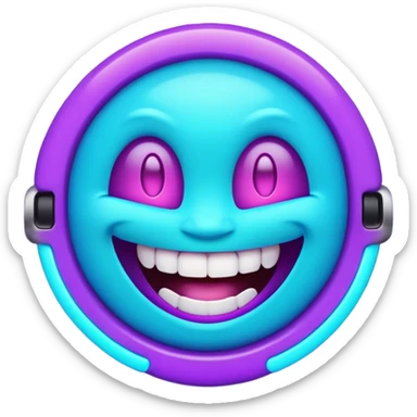futuristic glowing emoji face laughing wide with glowing teeth, purple and cyan neon light, dark background sticker