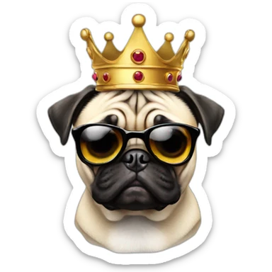 pug with a gun with sunglass and crown sticker
