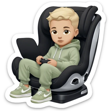 Boy in black toddler car seat. Wearing sage colord sweatpants and sage colored hoodie. And white and black Nike airforce shoes  sticker