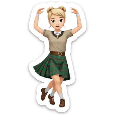 Female highland dancer with hair in bun wearing kilt and dancing sticker