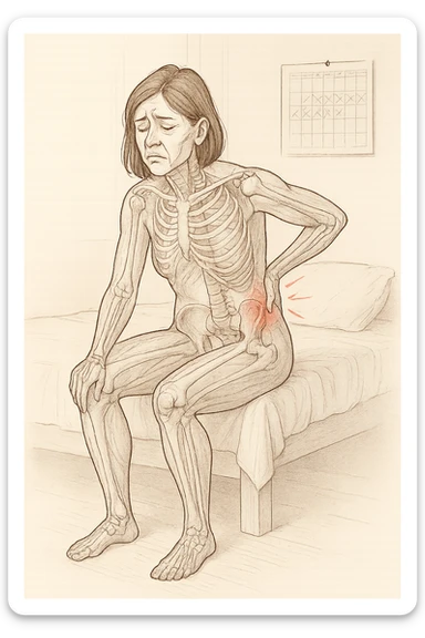 a woman in her 30s sits on the edge of her bed in the morning, holding her lower back with a pained expression. Subtle visual cues, like uneven shoulders or hips, hint at postural asymmetry. The room is softly lit, and a calendar on the wall shows months crossed off, symbolizing chronic pain over the years. vista anatomicamente sticker