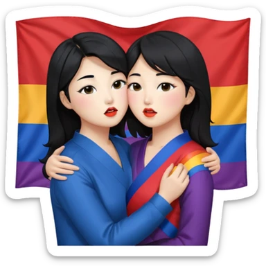 Korean lesbians, kisses and Let them both have black hair, kiss each other, have a lesbian flag on their cheeks, be sweet, dress openly, have open waists  sticker