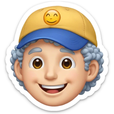 a yellow faced emoji, simple style, big smile, winking, blue ball cap on backwards, cartoon, curly grey hair sticker